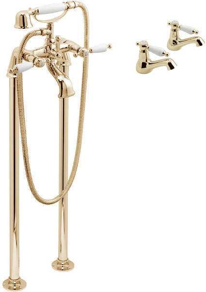 Larger image of Vado Kensington Basin Taps & Floorstanding BSM Pack (Gold & White).