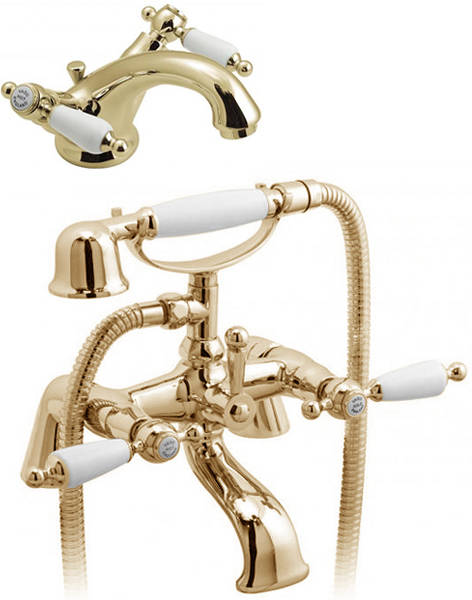 Larger image of Vado Kensington Basin & Bath Shower Mixer Tap Pack (Gold & White).