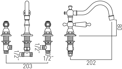 Technical image of Vado Kensington 3 Hole Basin Mixer Tap (Chrome & White).