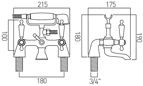 Technical image of Vado Kensington Pillar Mounted Bath Shower Mixer Tap (Chrome & White).