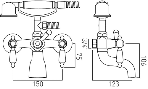 Technical image of Vado Kensington Wall Mounted Bath Shower Mixer Tap (Chrome & Black).