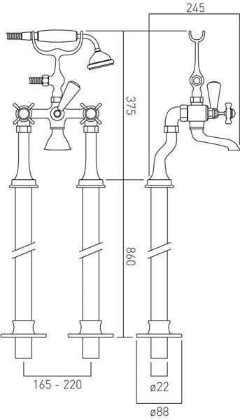 Technical image of Vado Kensington Floor Mounted Bath Shower Mixer Tap (Chrome & Black).