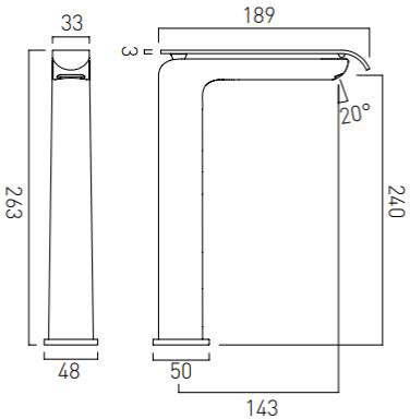 Technical image of Vado Kovera Extended Mono Basin Mixer Tap (Chrome).