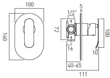 Technical image of Vado Kovera Manual Shower Valve With 1 Outlet (Chrome).