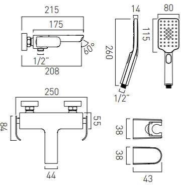 Technical image of Vado Kovera Wall Mounted Bath Shower Mixer & Basin Tap Pack (Chrome).