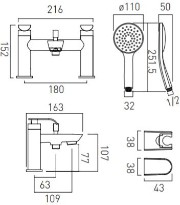 Technical image of Vado Kovera Bath Shower Mixer & Wall Mounted Basin Tap Pack (Chrome).