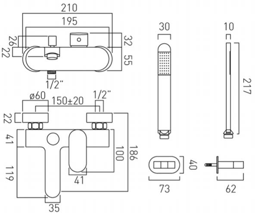 Technical image of Vado Life Wall Mounted Bath Shower Mixer Tap With Kit (Chrome).