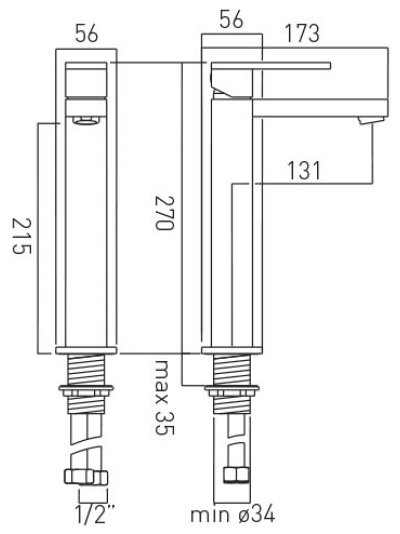 Technical image of Vado Notion Extended Basin Mixer Tap (Brushed Nickel).