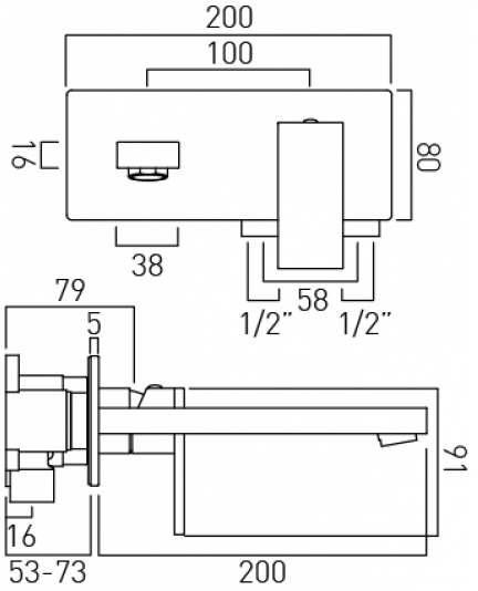 Technical image of Vado Notion Wall Mounted Basin Mixer Tap (Bright Nickel).