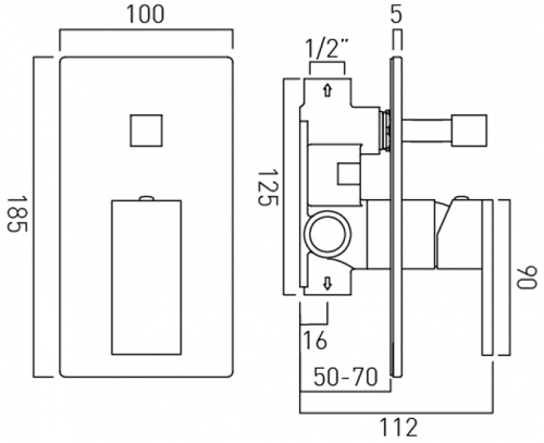 Technical image of Vado Notion Manual Shower Valve With Diverter (Brushed Gold).