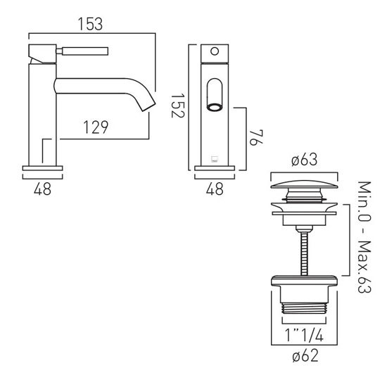 Technical image of Vado Origins Slimline Mono Basin Mixer Tap With Knurled Accents & Waste (Chrome).