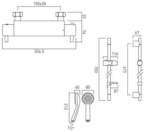 Technical image of Vado Shower Packs Prima Thermostatic Shower Pack (Chrome).