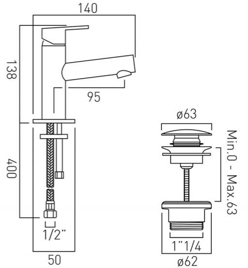 Technical image of Vado Sense Mini Mono Basin Mixer Tap With Universal Waste (Chrome).