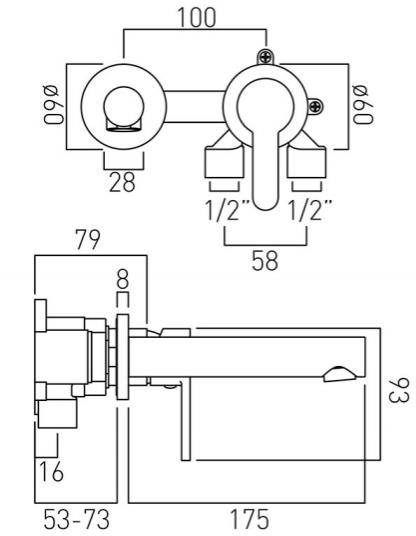 Technical image of Vado Sense Wall Mounted 2 Hole Basin Mixer Tap (Chrome).