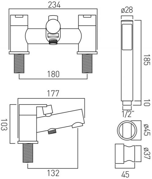 Technical image of Vado Sense Bath Shower Mixer Tap With Kit (Chrome).