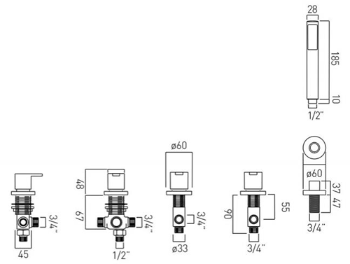 Technical image of Vado Sense 4 Hole Bath Shower Mixer Tap With Kit (Without Spout).