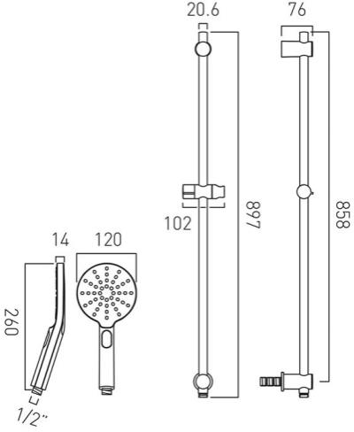 Technical image of Vado Sensori SmartDial Thermostatic Shower & Slide Rail Kit (1 Outlet).