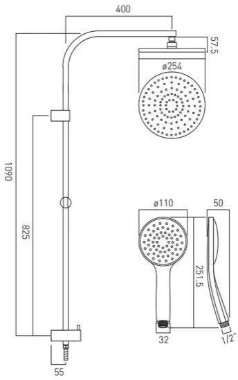 Technical image of Vado Sensori SmartDial Thermostatic Shower With Rigid Riser Kit (Chrome).