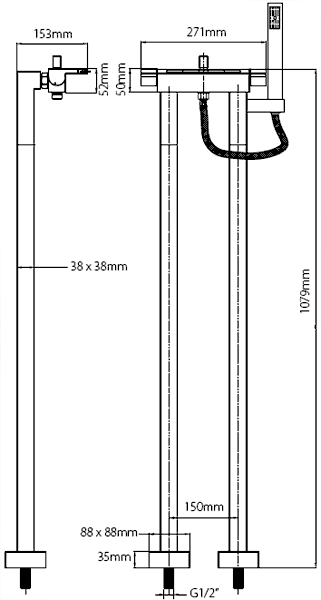 Technical image of Vado Summit Waterfall Bath Shower Mixer Tap With Stand Pipes & Shower Kit.