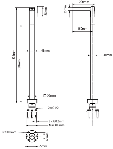 Technical image of Vado Synergie Waterfall Basin Tap With Stand Pipe (Chrome).