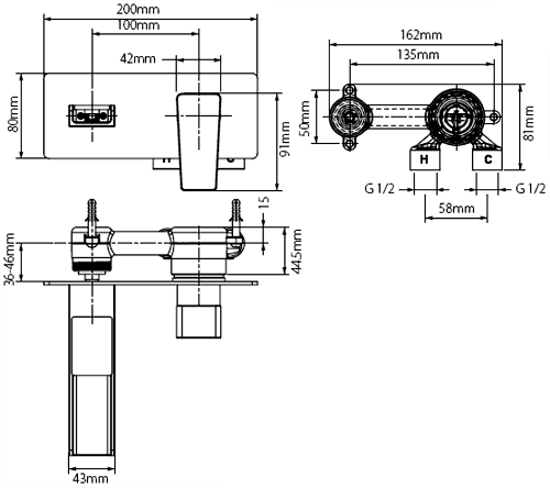 Technical image of Vado Synergie Wall Mounted Waterfall Basin Tap (Progressive, Chrome).