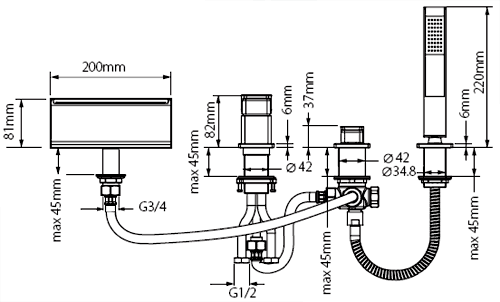 Technical image of Vado Synergie 4 Tap Hole Waterfall Bath Shower Mixer Tap With Shower Kit.