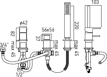 Technical image of Vado Synergie 3 Tap Hole Bath Shower Mixer With Shower Kit (No Spout).