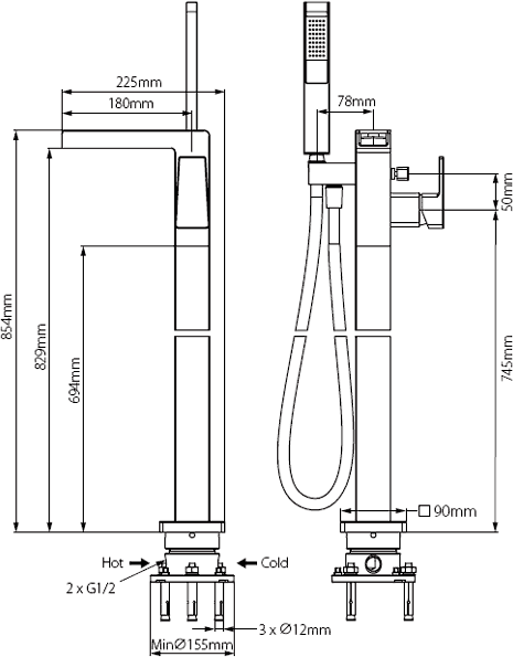 Technical image of Vado Synergie Waterfall Bath Shower Mixer Tap With Stand Pipe & Shower Kit.