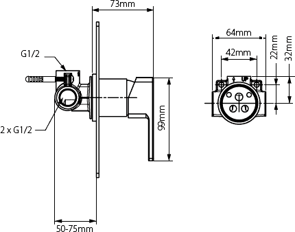 Technical image of Vado Synergie Concealed Shower Valve (Chrome, Manual).