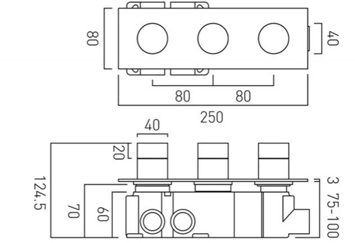 Technical image of Vado Omika Thermostatic Shower Valve With 3 Outlets & All Flow (Chrome).