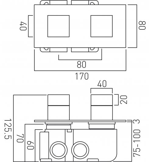 Technical image of Vado Notion Thermostatic Shower Valve With 2 Outlets (3/4" Brushed Nickel).