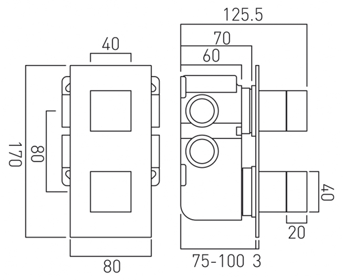 Technical image of Vado Notion Thermostatic Shower Valve With 2 Outlets (3/4" Brushed Gold).