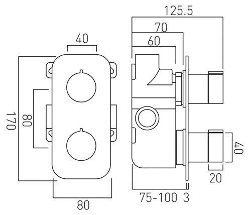 Technical image of Vado Altitude 1 Outlet Thermostatic Shower Valve (Bright Nickel).