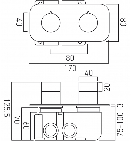 Technical image of Vado Altitude 1 Outlet Thermostatic Shower Valve (Bright Nickel).