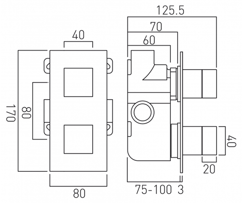 Technical image of Vado Notion Thermostatic Shower Valve With 1 Outlet (3/4" Bright Nickel).