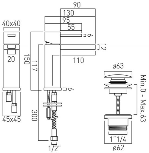 Technical image of Vado Te Falls Waterfall Mono Basin Mixer Tap With Universal Waste (Chrome).
