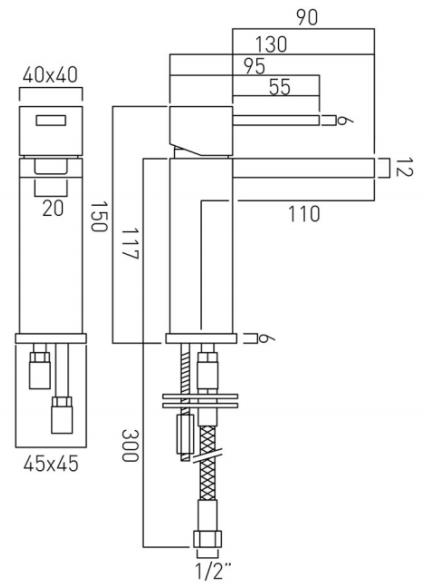 Technical image of Vado Te Falls Waterfall Mono Basin Mixer Tap (Chrome).