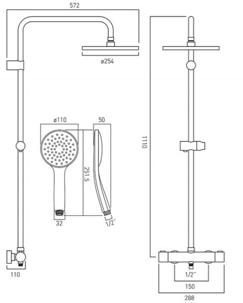 Technical image of Vado Shower Packs Velo Shower Valve & Column Pack (Chrome).