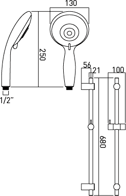 Technical image of Vado Space Slide Rail Kit With 5 Function Shower Handset (Low Pressure).