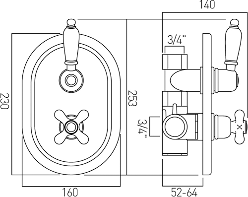 Technical image of Vado Westbury Thermostatic Shower Valve (Chrome & White, 3/4").