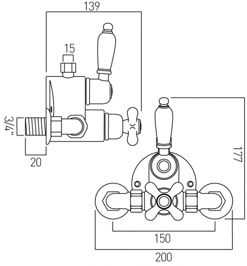 Technical image of Vado Westbury Exposed Thermostatic Shower Valve (Chrome & White, 3/4").