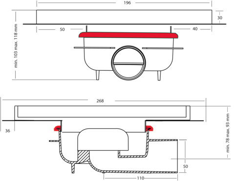 Technical image of VDB Tile Drains Shower Tile Drain 196x196mm (ABS, Stainless Steel Frame).