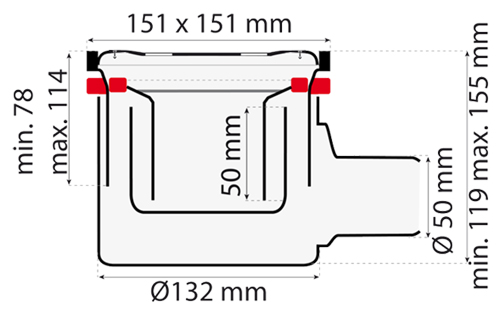 Technical image of VDB Shower Drains Shower Drain 150x150mm (Stainless Steel).