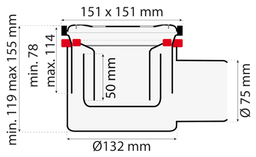 Technical image of VDB Shower Drains Shower Drain 150x150mm (Stainless Steel).