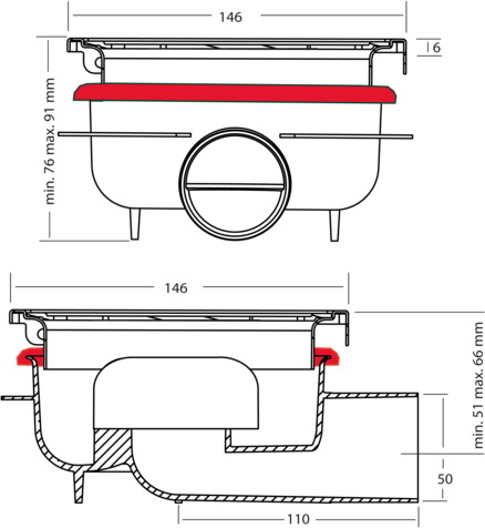 Technical image of VDB Shower Drains ABS Shower Drain 150x150mm (Stainless Steel Grate).