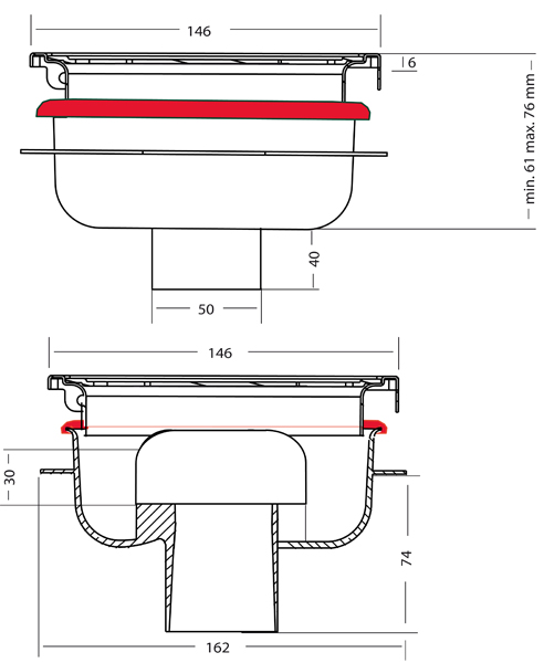 Technical image of VDB Shower Drains ABS Shower Drain 146x146mm.