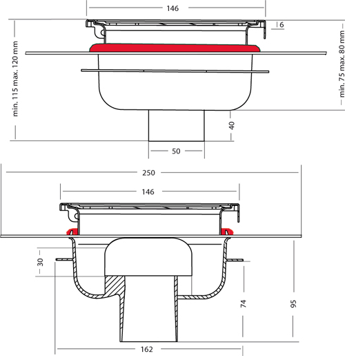 Technical image of VDB Shower Drains ABS Shower Drain With Fitted Membrane 500x500mm.