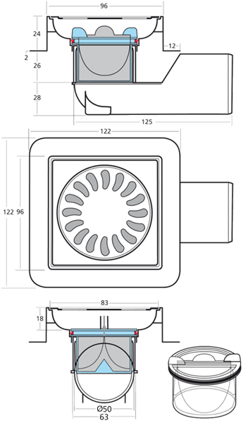 Technical image of VDB Shower Drains ABS Plastic Shower Drain 100x100mm (Steel Grate).