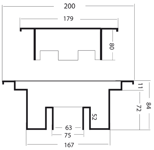 Technical image of VDB Balcony PVC Drain With 75mm Vertical Outlet (200x200mm).