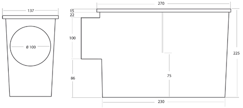 Technical image of VDB Balcony PVC Terrace Drain With Horizontal Outlet (270x140mm).